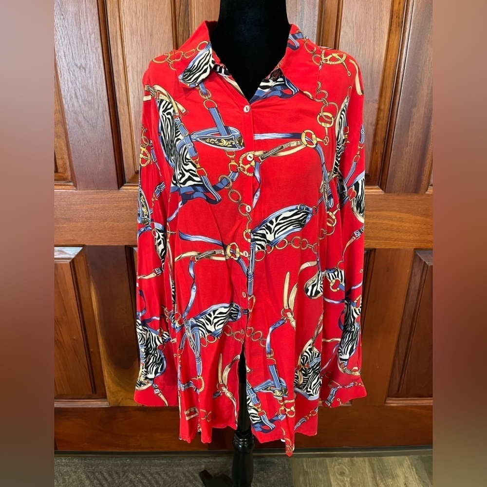 Vintage SLB by Sunny Leigh 100% Silk Equestrian Animal Print Chain Blouse Top XL
